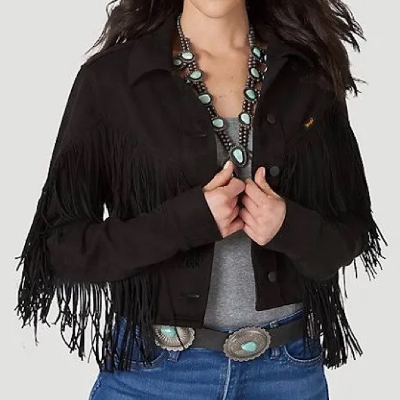 [NEW/UNWORN] Wrangler Retro Women's Suede Fringe Crop Jacket - Black - Picture 3 of 9